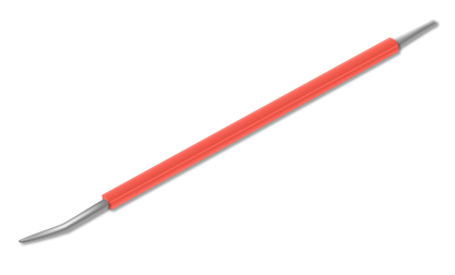 The ISIS CUTELARIA Stainless Steel Precision Pusher for Ingrown Nails (Palito Desencravador Cores) by Isis Cutelaria features a red handle and two metal tips—one straight and one bent at an angle—ideal for ingrown nail treatment or cuticle care, shown isolated on a white background.