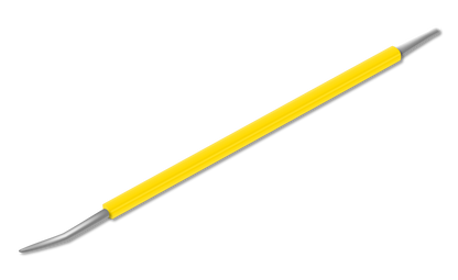 The ISIS CUTELARIA Stainless Steel Precision Pusher for Ingrown Nails (Palito Desencravador Cores) by Isis Cutelaria features a yellow handle and stainless steel tips on both ends—one straight and one angled. Displayed on a white background, this versatile tool is ideal for cuticle care and ingrown nail treatment, in the style of a Brazilian palito.