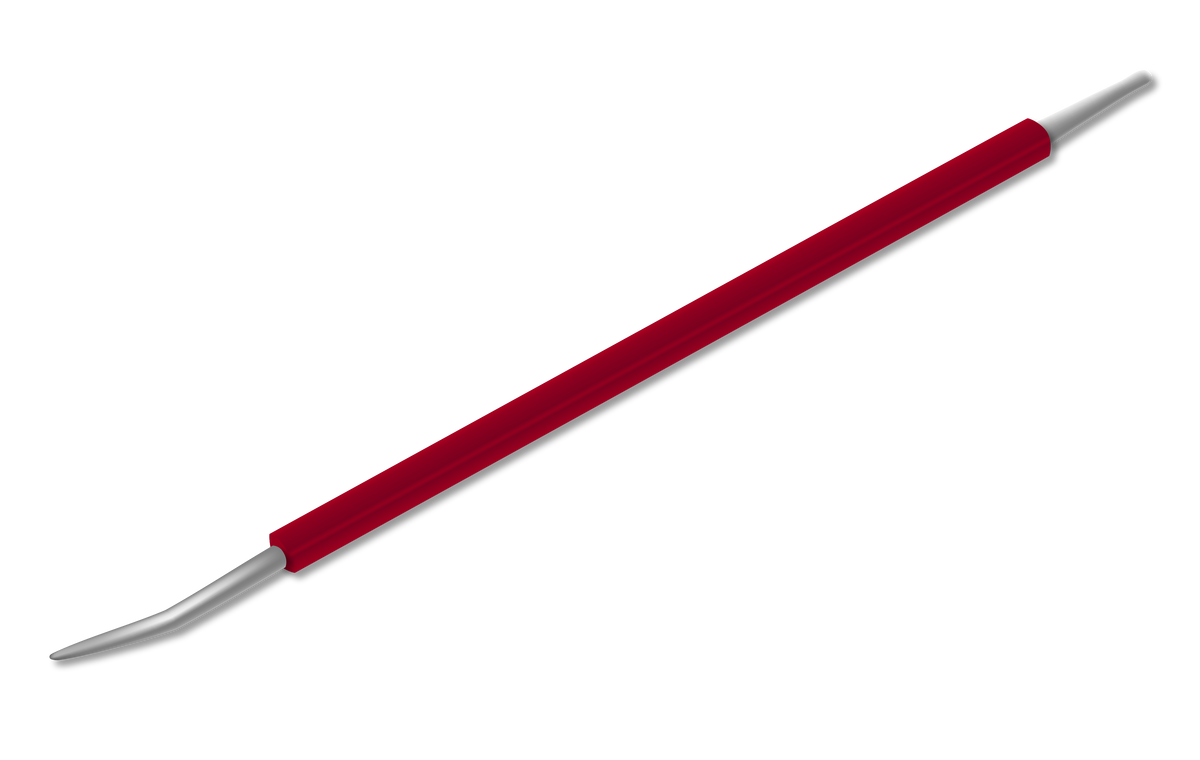 The ISIS CUTELARIA Stainless Steel Precision Pusher for Ingrown Nails (Palito Desencravador Cores) by Isis Cutelaria features a red handle and a metal, angled, pointed tip—ideal for examining teeth or for use as an ingrown nail tool inspired by Brazilian palito techniques.