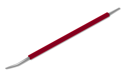 The ISIS CUTELARIA Stainless Steel Precision Pusher for Ingrown Nails (Palito Desencravador Cores) by Isis Cutelaria features a red handle and a metal, angled, pointed tip—ideal for examining teeth or for use as an ingrown nail tool inspired by Brazilian palito techniques.