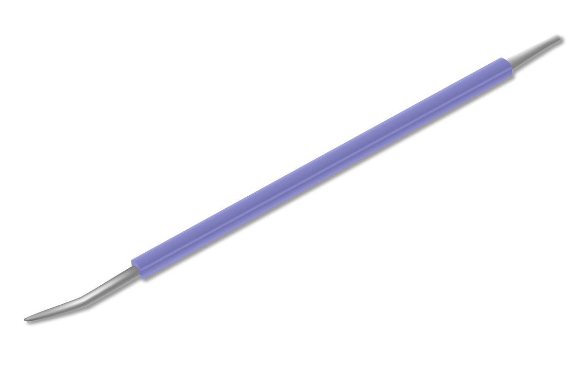 The ISIS CUTELARIA Stainless Steel Precision Pusher for Ingrown Nails (Palito Desencravador Cores) by Isis Cutelaria is shown on a white background. This metal tool features a pointed tip and a purple handle, resembling the design of a Brazilian Palito Desencravador or cuticle pusher, and can be used for cleaning teeth or other precise tasks.