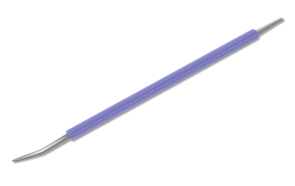 The ISIS CUTELARIA Stainless Steel Precision Pusher for Ingrown Nails (Palito Desencravador Cores) by Isis Cutelaria is shown on a white background. This metal tool features a pointed tip and a purple handle, resembling the design of a Brazilian Palito Desencravador or cuticle pusher, and can be used for cleaning teeth or other precise tasks.