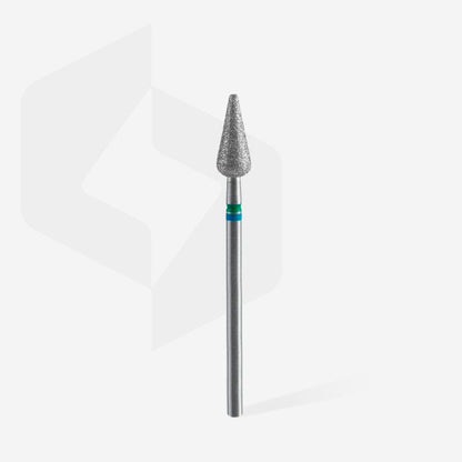 The STALEKS PRO Diamond Nail Drill Bit DUO Pointed Pear Blue-Green (5 mm head / 12 mm working part) by Staleks features a durable diamond coating and a cylindrical metal handle, standing upright against a plain light background.