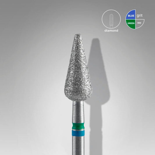 The Staleks PRO Diamond Nail Drill Bit DUO Pointed Pear Blue-Green features a medium-grit, textured diamond coating and metallic handle. Expert head diameter: 5 mm; working part: 12 mm—ideal for nail care.