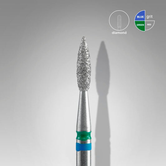 A close-up of the Staleks STALEKS PRO Diamond Nail Drill Bit DUO Flame Blue-Green EXPERT (head 2.1 mm, working part 8 mm), featuring diamond coating and blue-green bands, set against gray with grit icons for blue, green, and red.
