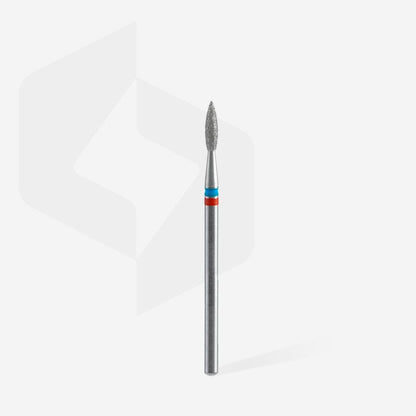 A close-up of the STALEKS PRO Diamond Nail Drill Bit DUO Flame Red-Blue EXPERT (2.1 mm head, 8 mm working part) by Staleks, with a slender flame tip and metal handle featuring red and blue rings, on a plain white background.