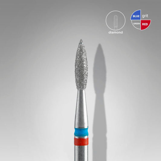 A close-up of the Staleks STALEKS PRO Diamond Nail Drill Bit DUO Flame Red-Blue (2.1 mm head, 8 mm working part) is shown on a gray background, with a labeled grit chart highlighting its diamond coating precision.