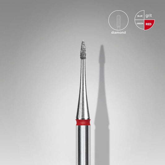 The STALEKS PRO Diamond Nail Drill Bit Flame Mini Red (head diameter 1 mm, working part 3 mm) by Staleks is shown upright against a gray background, with circular icons highlighting its fine grit and soft abrasiveness.