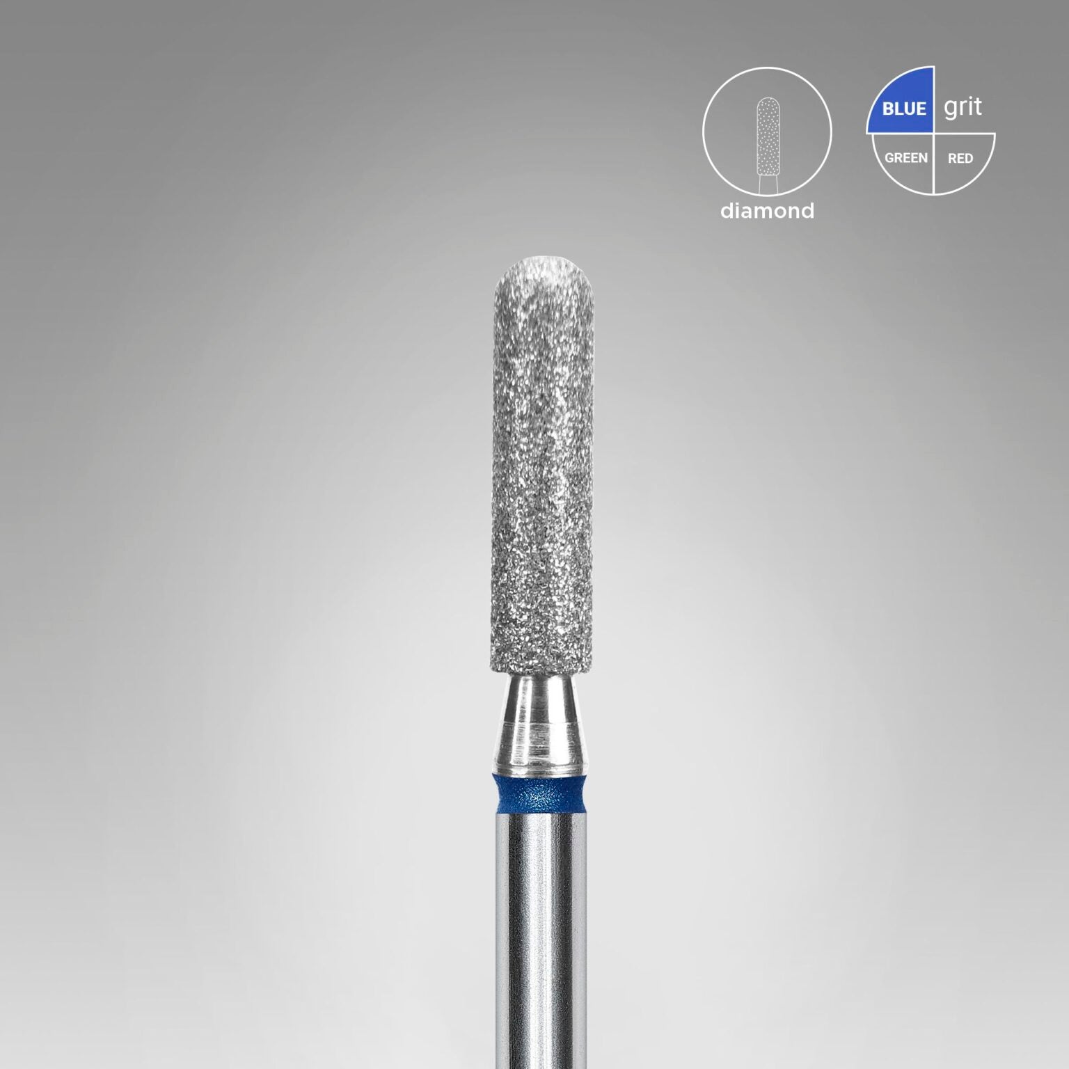 A close-up of the STALEKS PRO Diamond Nail Drill Bit (Rounded Cylinder), Head Diameter 2.5 mm/10 mm working part by Staleks, with a blue band and “diamond”/“blue grit” labels, ideal for precise manicure/pedicure. Gradient gray-white background.