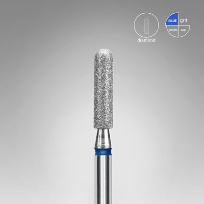 A close-up of the STALEKS PRO Diamond Nail Drill Bit (Rounded Cylinder), Head Diameter 2.5 mm/10 mm working part by Staleks, with a blue band and “diamond”/“blue grit” labels, ideal for precise manicure/pedicure. Gradient gray-white background.