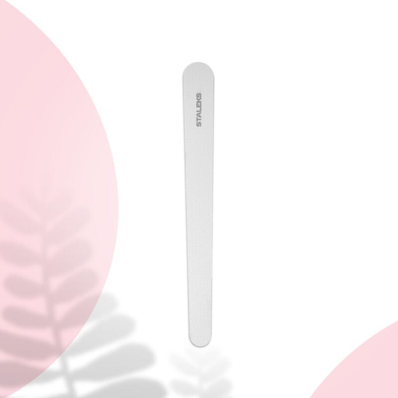 The STALEKS PRO Laser Nail File BEAUTY & CARE 20 (110 mm) by Staleks stands vertically on a white background with pink semi-circles and soft leaf shadows—ideal for precise manicures and pedicures.