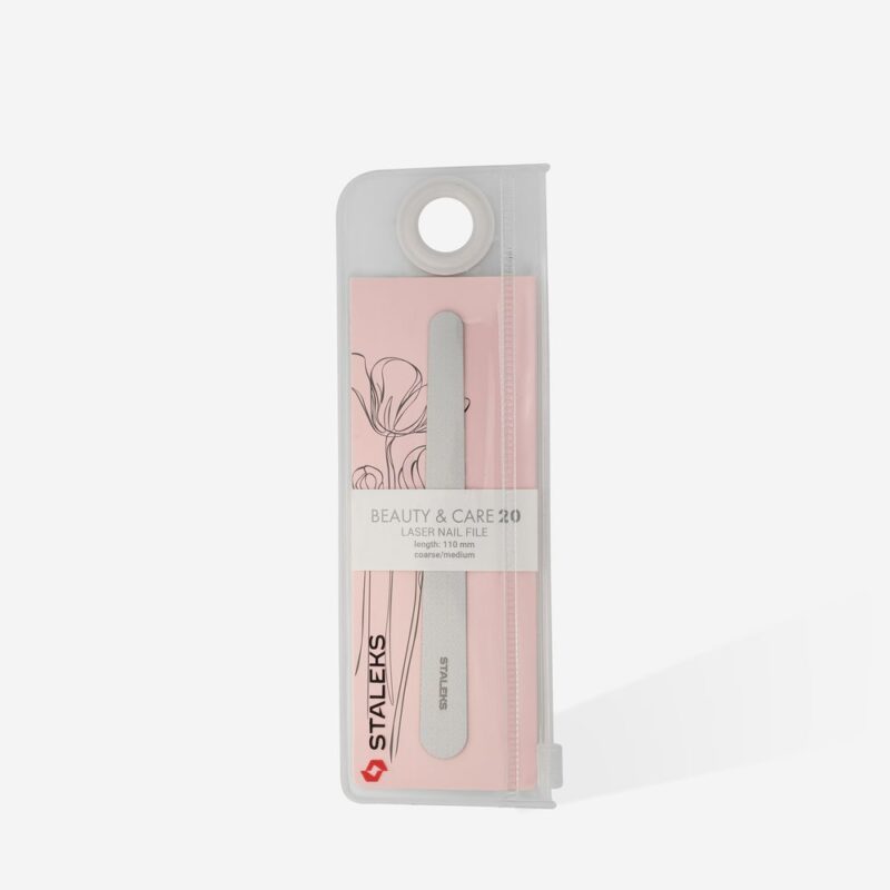 The STALEKS PRO Laser Nail File BEAUTY & CARE 20 (110 mm) by Staleks comes in a transparent case with a pink floral design, ideal for manicures and pedicures. The label reads "Beauty & Care 20 Laser Nail File.
