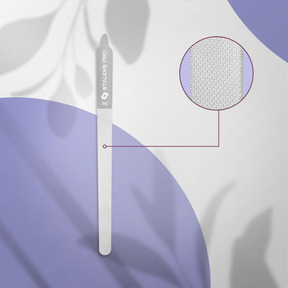 The STALEKS PRO Laser Nail File EXPERT 11 155 mm by Staleks is displayed vertically on a purple and white abstract background, with a circular inset highlighting its fine texture for precise manicures and pedicures.