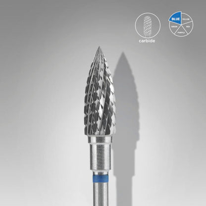 The STALEKS PRO Carbide Nail Drill Bit Flame Blue (5mm head, 13.5mm working part) by Staleks stands upright on a gray background, highlighting its conical surface. Circular icons indicate its carbide material and blue color coding.
