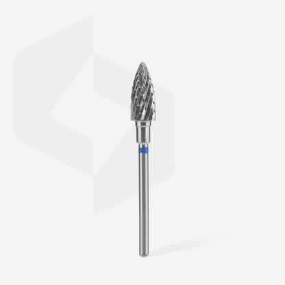 The Staleks STALEKS PRO Carbide Nail Drill Bit Pine Cone Blue EXPERT, with a 6 mm head and 14 mm working part, is shown upright on a plain white background, ideal for shaping artificial nails during manicures and pedicures.