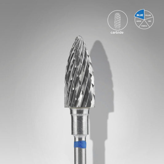 STALEKS PRO Carbide Nail Drill Bit Pine Cone Blue EXPERT, 6mm head/14mm working part, by Staleks. Ideal for manicures, pedicures, or shaping artificial nails. Gray background; icons show carbide and blue series.
