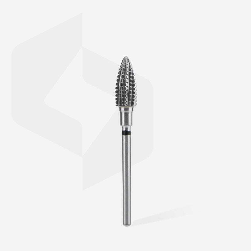 The STALEKS PRO Carbide Nail Drill Bit Pine Cone Black Hard EXPERT (6mm head, 14mm working part) by Staleks is a tapered, textured rotary tool for manicures or pedicures, shown upright on a white background.