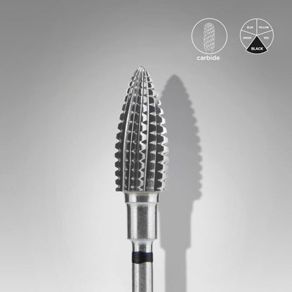 A close-up of the STALEKS PRO Carbide Nail Drill Bit Pine Cone Black Hard EXPERT (6 mm head, 14 mm working part) by Staleks shows its pointed carbide tip and silver shaft, ideal for manicures and pedicures, with a black band classification.