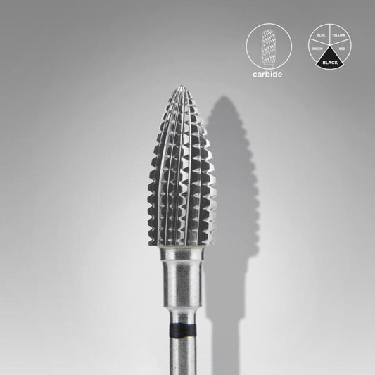 A close-up of the STALEKS PRO Carbide Nail Drill Bit Pine Cone Black Hard EXPERT (6 mm head, 14 mm working part) by Staleks shows its pointed carbide tip and silver shaft, ideal for manicures and pedicures, with a black band classification.