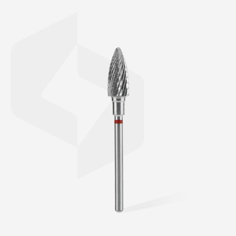 The STALEKS PRO Carbide Nail Drill Bit Pine Cone Red EXPERT (6 mm head, 14 mm working part) by Staleks features a pointed, tapered cutting head and smooth cylindrical shank—perfect for hardware manicures and artificial nail corrections.