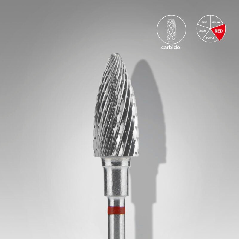 The STALEKS PRO Carbide Nail Drill Bit Pine Cone Red EXPERT (6 mm head, 14 mm working part) by Staleks stands upright on a gray background, with a labeled diagram and color code legend in the upper right corner.