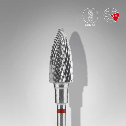 The STALEKS PRO Carbide Nail Drill Bit Pine Cone Red EXPERT (6 mm head, 14 mm working part) by Staleks stands upright on a gray background, with a labeled diagram and color code legend in the upper right corner.