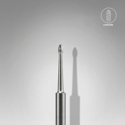 A close-up of the STALEKS PRO Carbide Nail Drill Bit Cleaner Mini EXPERT (1.2 mm head, 2.5 mm working part) stands upright on a gray background with a visible shadow and "carbide" icon in the top right corner.