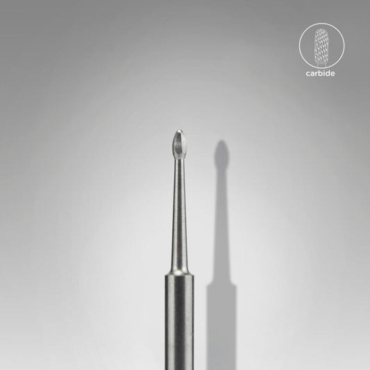 A close-up of the STALEKS PRO Carbide Nail Drill Bit Cleaner Mini EXPERT (1.2 mm head, 2.5 mm working part) stands upright on a gray background with a visible shadow and "carbide" icon in the top right corner.