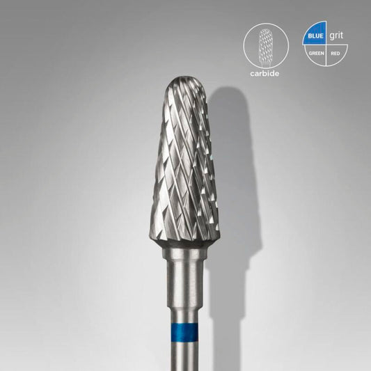 The STALEKS PRO Carbide Nail Drill Bit Frustum Blue (6mm head, 14mm working part) by Staleks features diagonal grooves, a metallic finish, and a blue band; shown on gray with "carbide" and "blue grit" icons. Ideal for hardware manicures and artificial nail removal.