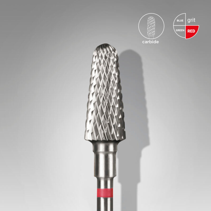 A close-up of the Staleks STALEKS PRO Carbide Nail Drill Bit Frustum Red EXPERT (6 mm head, 14 mm working part) shows its textured, conical cutting head—ideal for pedicures or nail correction. Icons indicate carbide material and available grits: blue, green, red.