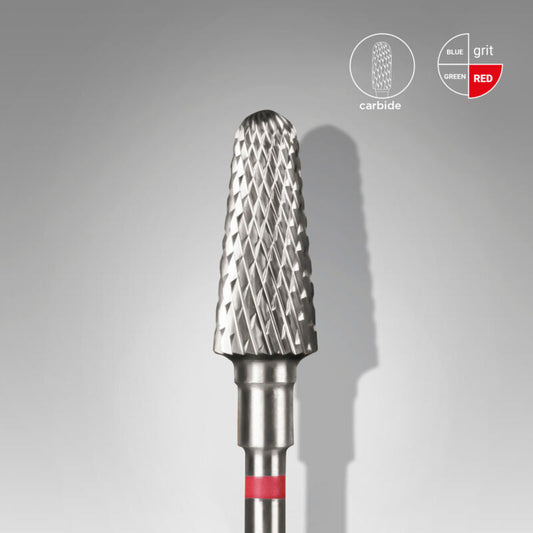 A close-up of the Staleks STALEKS PRO Carbide Nail Drill Bit Frustum Red EXPERT (6 mm head, 14 mm working part) shows its textured, conical cutting head—ideal for pedicures or nail correction. Icons indicate carbide material and available grits: blue, green, red.