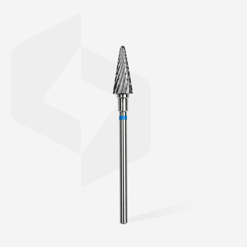 The STALEKS PRO Carbide Nail Drill Bit Cone Blue EXPERT by Staleks features a 6mm head diameter and 14mm working part, ideal for medium hardness materials, shown on a white background with a long shank and spiral grooves.