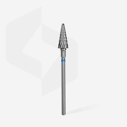 The STALEKS PRO Carbide Nail Drill Bit Cone Blue EXPERT by Staleks features a 6mm head diameter and 14mm working part, ideal for medium hardness materials, shown on a white background with a long shank and spiral grooves.