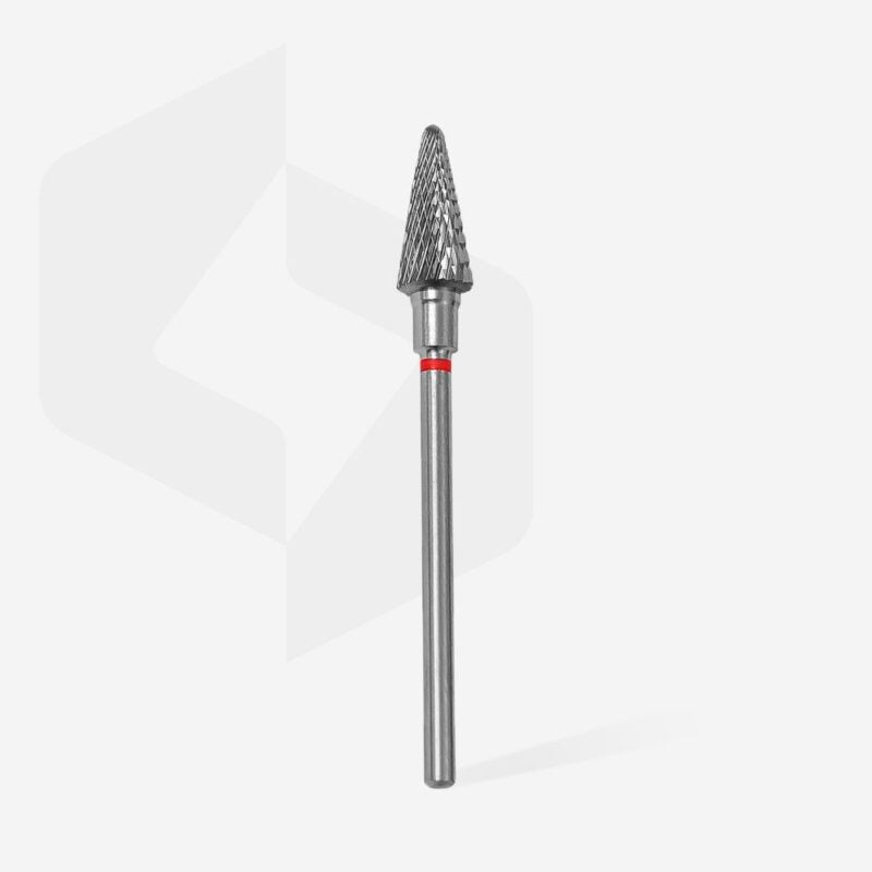 The STALEKS PRO Carbide Nail Drill Bit Cone Red (6mm head, 14mm working part) by Staleks, designed for hardware manicures and efficient artificial material removal, stands upright on a plain white background.