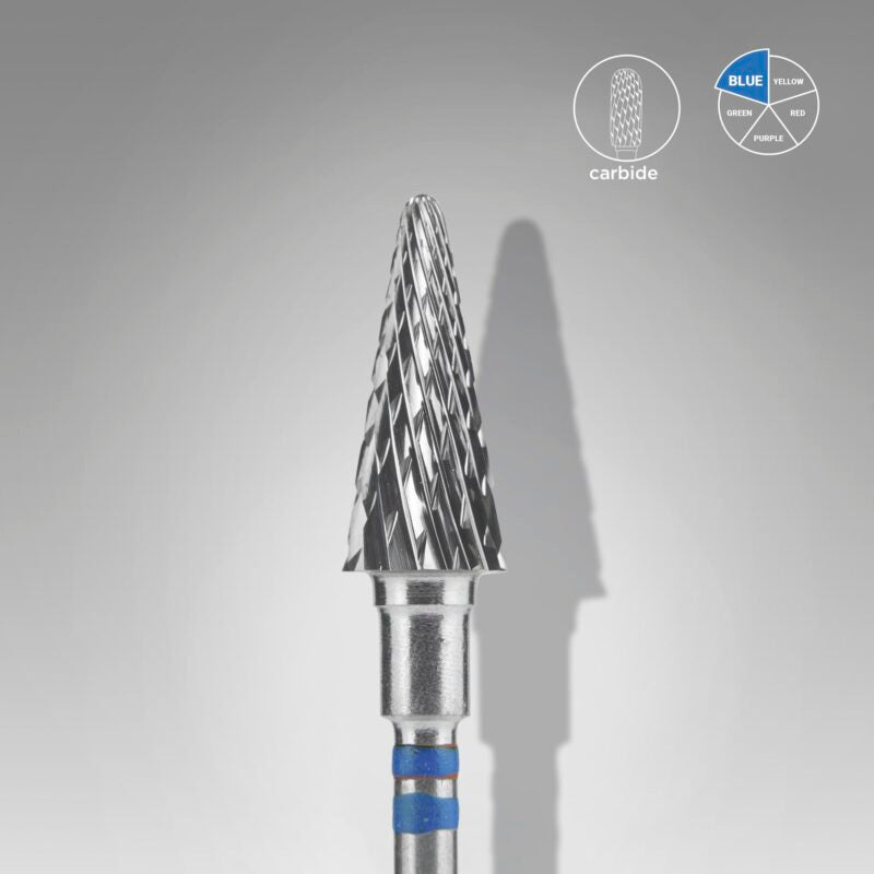 A STALEKS PRO Carbide Nail Drill Bit for left-handed users, cone-shaped with a 6mm head and 14mm working part, is centered on a light gray background. Above are icons for texture, “carbide,” and grit—ideal for nail shaping or pedicure.