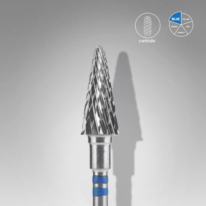 A STALEKS PRO Carbide Nail Drill Bit for left-handed users, cone-shaped with a 6mm head and 14mm working part, is centered on a light gray background. Above are icons for texture, “carbide,” and grit—ideal for nail shaping or pedicure.