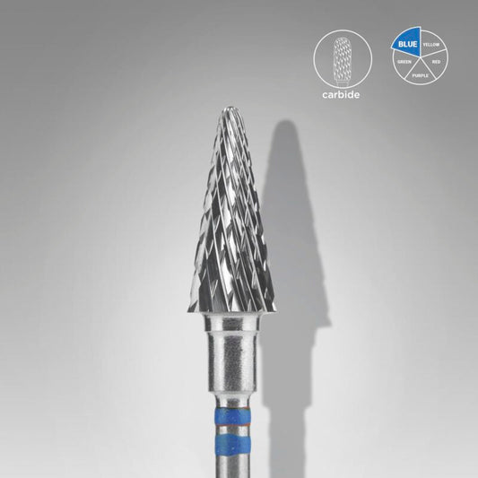 A STALEKS PRO Carbide Nail Drill Bit for left-handed users, cone-shaped with a 6mm head and 14mm working part, is centered on a light gray background. Above are icons for texture, “carbide,” and grit—ideal for nail shaping or pedicure.