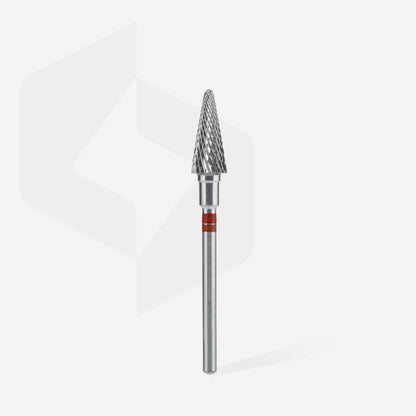 The STALEKS PRO Carbide Nail Drill Bit for Left-Handed Users, Cone Red (6 mm head, 14 mm working part) by Staleks is shown upright against a white background—ideal for hardware manicures or removing artificial nails.