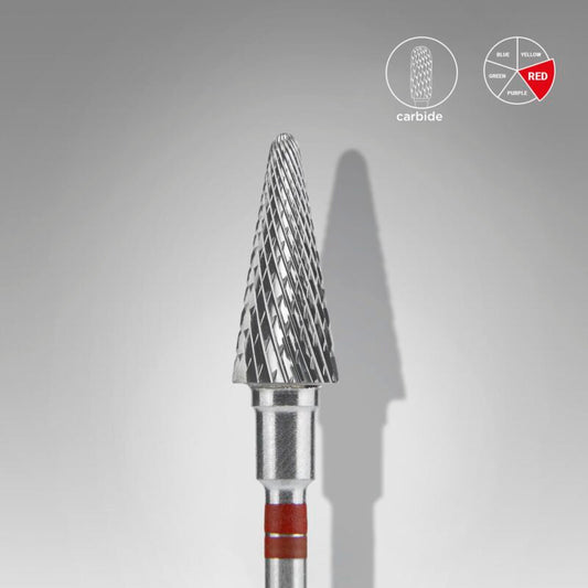 The Staleks STALEKS PRO Carbide Nail Drill Bit for left-handed users, cone shape (red, 6 mm head/14 mm working part), is shown on a gray background with "carbide" and a red-highlighted circular chart in the top right corner.