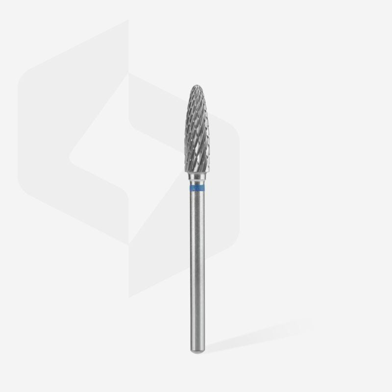 The Staleks STALEKS PRO Carbide Nail Drill Bit Corn Blue EXPERT, featuring a 4mm head and 14mm working part, stands upright on a plain white background—ideal for gel polish removal.