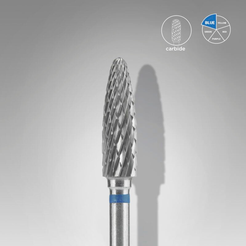 Shown on a gray background, the Staleks STALEKS PRO Carbide Nail Drill Bit Corn Blue (4 mm head, 14 mm working part) features spiral grooves and a blue ring, making it ideal for removing gel polish from artificial nails. Small material and color code diagrams are visible.