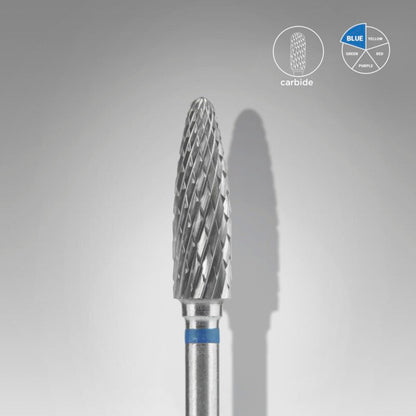 Shown on a gray background, the Staleks STALEKS PRO Carbide Nail Drill Bit Corn Blue (4 mm head, 14 mm working part) features spiral grooves and a blue ring, making it ideal for removing gel polish from artificial nails. Small material and color code diagrams are visible.