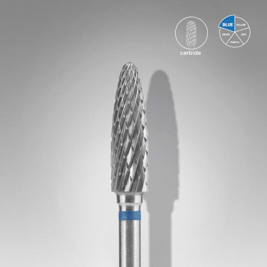 Shown on a gray background, the Staleks STALEKS PRO Carbide Nail Drill Bit Corn Blue (4 mm head, 14 mm working part) features spiral grooves and a blue ring, making it ideal for removing gel polish from artificial nails. Small material and color code diagrams are visible.