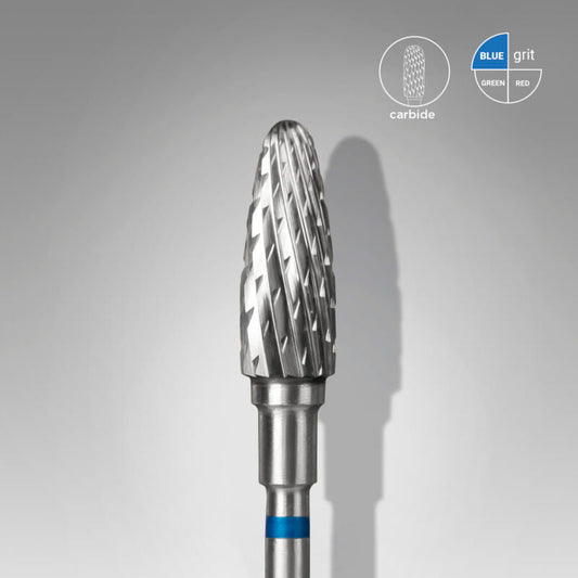 The STALEKS PRO Carbide Nail Drill Bit Corn Blue EXPERT (5 mm head, 13 mm working part) by Staleks stands upright on a grey background, with "carbide" and "blue grit" icons in the top right—ideal for shaping artificial nails.