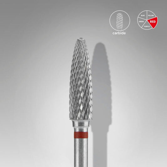 The STALEKS PRO Carbide Nail Drill Bit Corn Red EXPERT (4 mm head, 14 mm working part) by Staleks features a pointed, textured silver tip with a red band, shown on a gray background with carbide and red grit icons. Perfect for manicure or shaping nails.