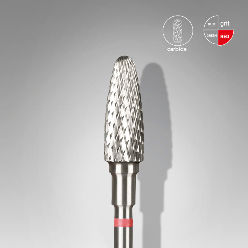 The STALEKS PRO Carbide Nail Drill Bit Corn Red EXPERT by Staleks features a 5mm head and 13mm working part, ideal for removing gel polish in hardware manicures. Shown with grit options, it has a red band near the base and is displayed on a grey background.