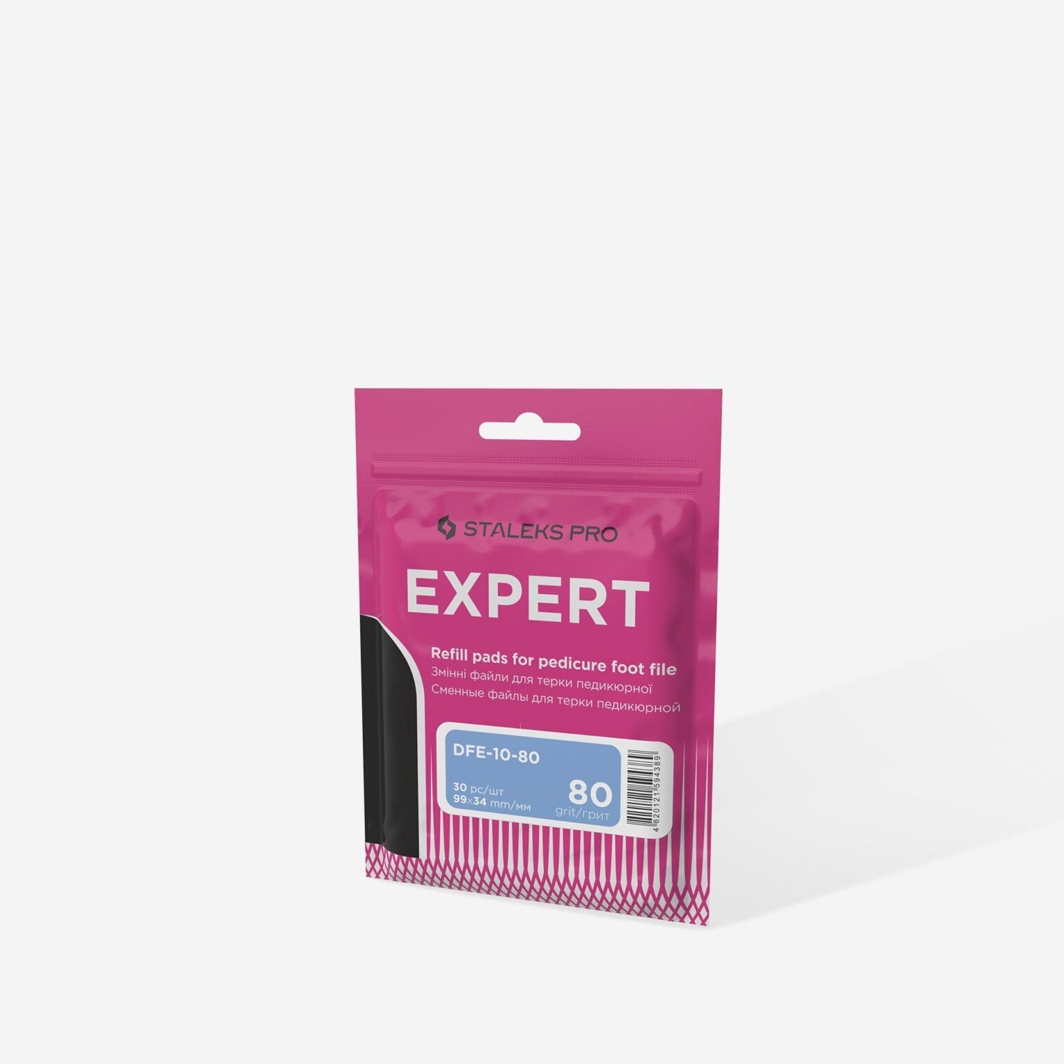 A pink and white resealable pack labeled "STALEKS PRO EXPERT 10" by Staleks contains 30 disposable 80 grit pedicure file refills with adhesive base, with product details in English and Russian.