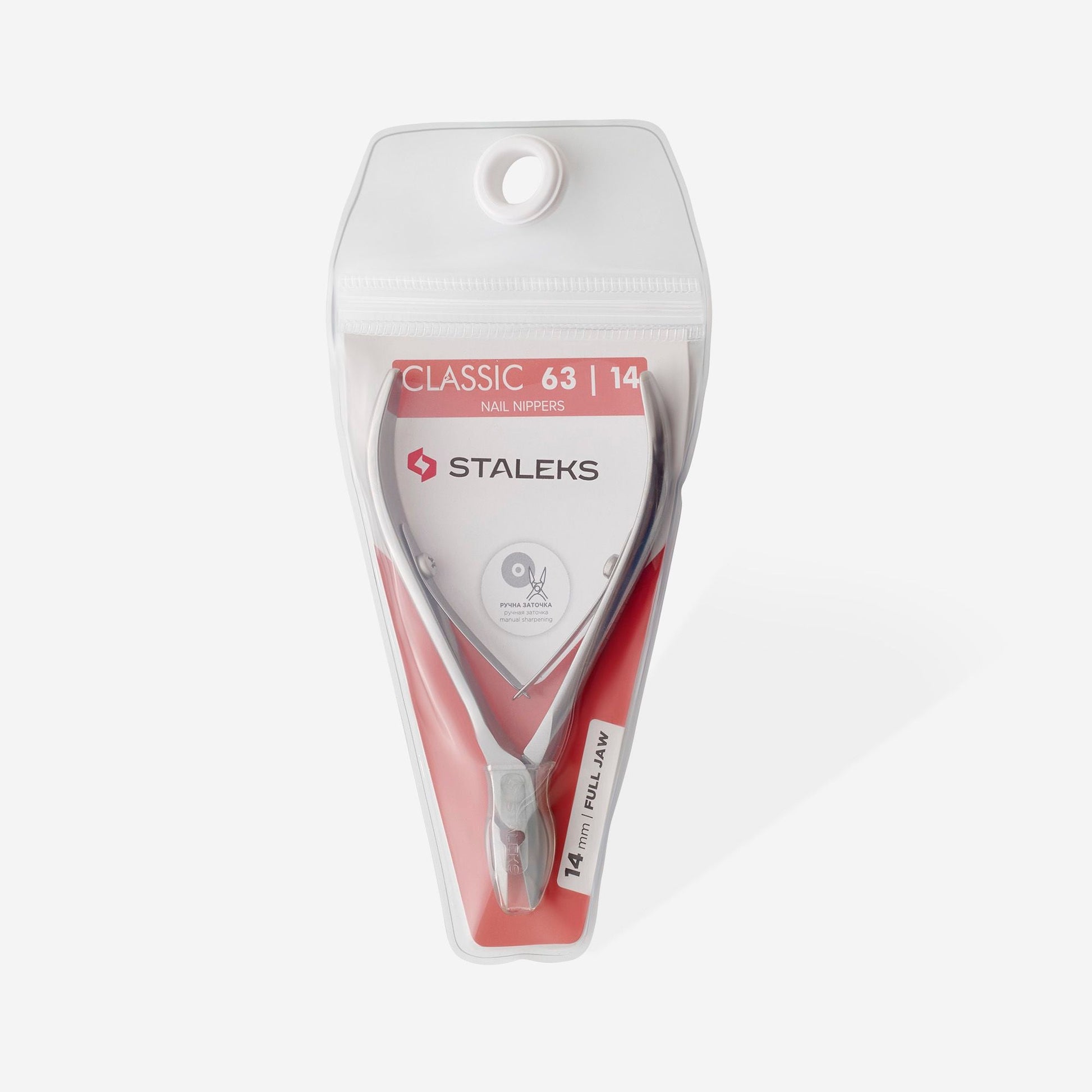 The STALEKS PRO Nail Nippers CLASSIC 63 14 mm by Staleks feature sharp stainless steel blades and a full 14 mm jaw, packaged in a clear pouch with a red and white label.