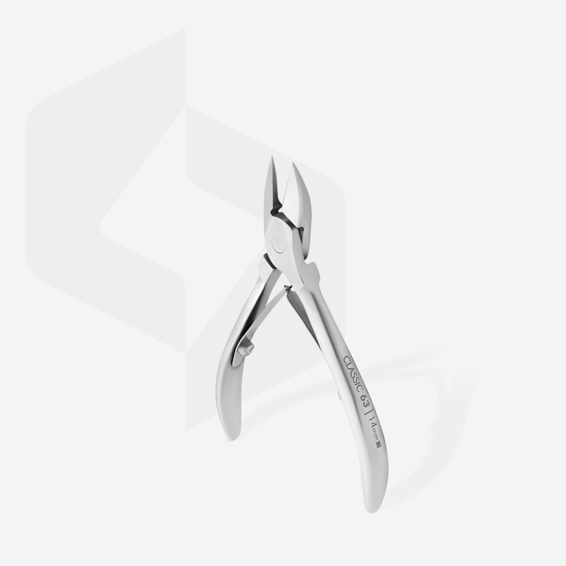 The STALEKS PRO Nail Nippers CLASSIC 63 14 mm by Staleks feature sharp stainless steel blades, angled tips, and curved handles, shown upright on a white background.