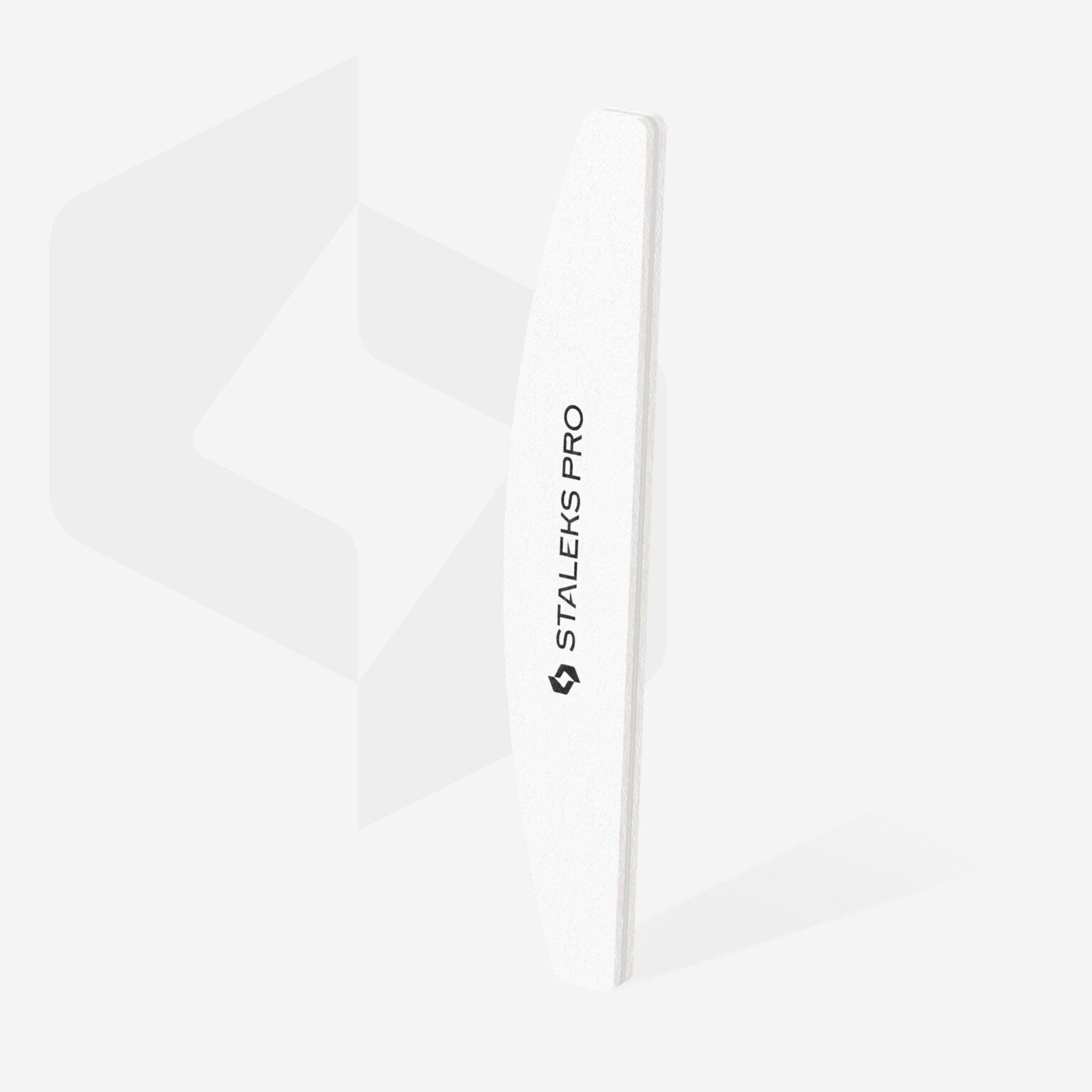 A STALEKS PRO Grinding Buff crescent EXPERT 41 100/180 grit nail file (10 pcs) in white, featuring the Staleks brand name in black, stands upright against a plain light background.
